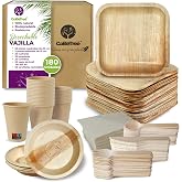 GoBeTree Palm Leaf Disposable Tableware 180 Pieces for 25 People | Complete Set with 30 Plates, 25 Kraft Cups, 75 Wooden Cutl