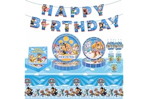 DEKEWE 62Pcs Partygeschirr Set, Paw dog Geburtstag Deko Teller Becher Servietten Tischdecke Tortenaufleger Birthday Banner Luftballons, Patrol Deko Kindergeburtstag für 10 Personen
