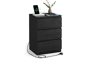 VASAGLE LET631B56 sängbord, sidobord, 3 lådor, fasad kant, 2 AC-uttag, 2 USB-portar, vardagsrum, sovrum, arbetsrum, modernt