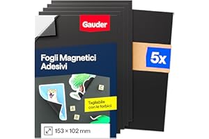 GAUDER Foglio Magnetico Autoadesivo - Pellicola Magnetica Ritagliabile per Foto, Fai-da-te e Cartelli - Magnete Adesivo per Casa, Scuola e Ufficio (5 pezzi - 153 x 102 mm)
