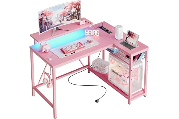 Bestier Petit Bureau Gaming en L 106 cm – avec Prise, Port USB, LED, Étagère & Support Moniteur, Réversible pour Chambre ou Setup Gamer, Rose