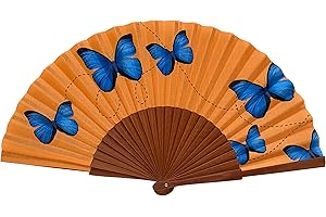 Abanico Español Mariposas Azules, Colección Alzar la Mirada - Madera y Algodón - con Estuche y Funda de Yute - Accesorio de Moda - Hecho a Mano en España - para Eventos y Regalos - Tusitala Barcelona