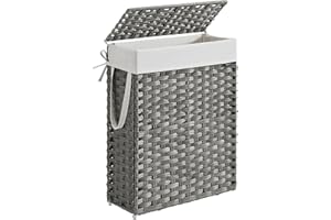‎SONGMICS SONGMICS wąski kosz na bieliznę, kosz na bieliznę 55 L, pojemnik na pranie wykonany z syntetycznego rattanu, z pokrywką i uchwytami, pleciony, składany, pralnia w kolorze gołębim szarym LCB164G01