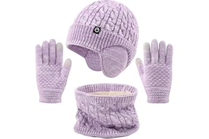 Cheerful Mario 4-10 Año Set de Gorro Bufanda y Guantes para Niña Invierno Beanie Lana con Orejeras Braga de Cuello Forro Polar Guantes Pantalla Táctil