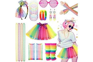 BEAMELY 80s Fancy Dress for Women, 1980s Party Rainbow Costume Accessories Set Tutu Skirt Leg Warmers Fishnet Gloves Glasses Earrings Bracelet Necklace Headband, Retro Outfit for 80s Party, Dress up Day