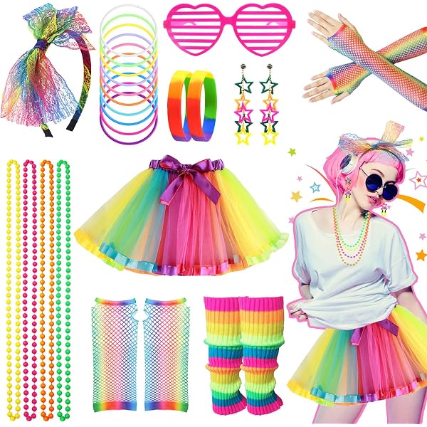 Déguisement Années 80 Femme Disco – Tenue Fluorescente Rose Madonna + Accessoires Complets Néon