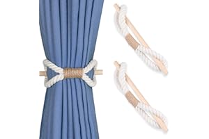 OCIOLI Alzapaños de cortina bohemios, 2 lazos de cortina hechos a mano con palo de madera, cuerda de algodón beige, alzapaños de cortina para cortinas, decoración de granja, decoración bohemia (cuerda