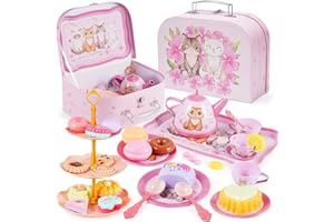 Judavry 50PCS Service à Thé pour Enfants, Service à Thé Jouets, Dînette Enfant Accessoire Jeux de Cuisine, Tea Party Jeux de Rôle pour Enfants Filles 3 4 5 6 7 Ans