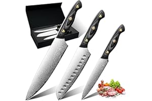 Purple Dragon Damast Kochmesser 3er Set - Santoku Messer Set mit VG10 Kernen – Damast Küchenmesser mit Ebenholzgriff für Fleisch, Gemüse und Obst –Geschenk für Männer und Frauen