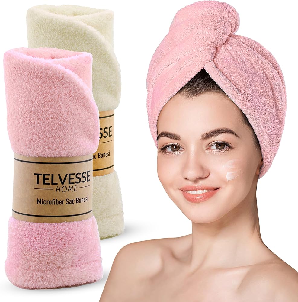 TELVESSE Mikrofiber Saç Havlusu Süper Emici Hızlı Kuruyan Türban Saç Havlusu Şapkası – Uzun Kıvırcık Kalın Saçlar İçin Duş Saç Kurutma Havlusu, Plaj Havuz Banyo Kullanım (2li Krem + Pembe)