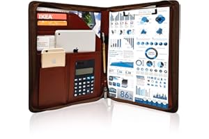 GraduatePro A4 Clipboard Folder Leather Zipped Portfolio Conference Presenter Document with Tablet Business Waterproof Organizer Sleeves Brown