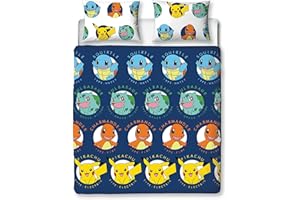 POKÉMON Character World Set copripiumino matrimoniale ufficiale Pokemon Gotta Design | blu reversibile Pikachu Squirtle Charmander 2 lati biancheria da letto prodotto ufficiale con federe coordinate