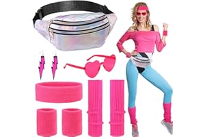 POFIBO Disfraz de Años 80, Mujer para Mujer de Los Años 80,Con NeóN Diadema Pulseras Pendientes CinturóN Bolsa Calentadores Y Gafas, Perfecto Para Carnaval Fiesta De Disfraces