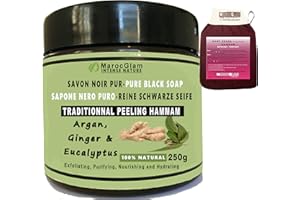 Sapone Nero marocchino 250g, Zenzero ed Eucalipto con Olio di Argan Biologico. 100% naturale + Guanto esfoliante kessa di qualità -Peeling Hammam marocchino, Esfoliante peli incarniti - MAROC GLAM