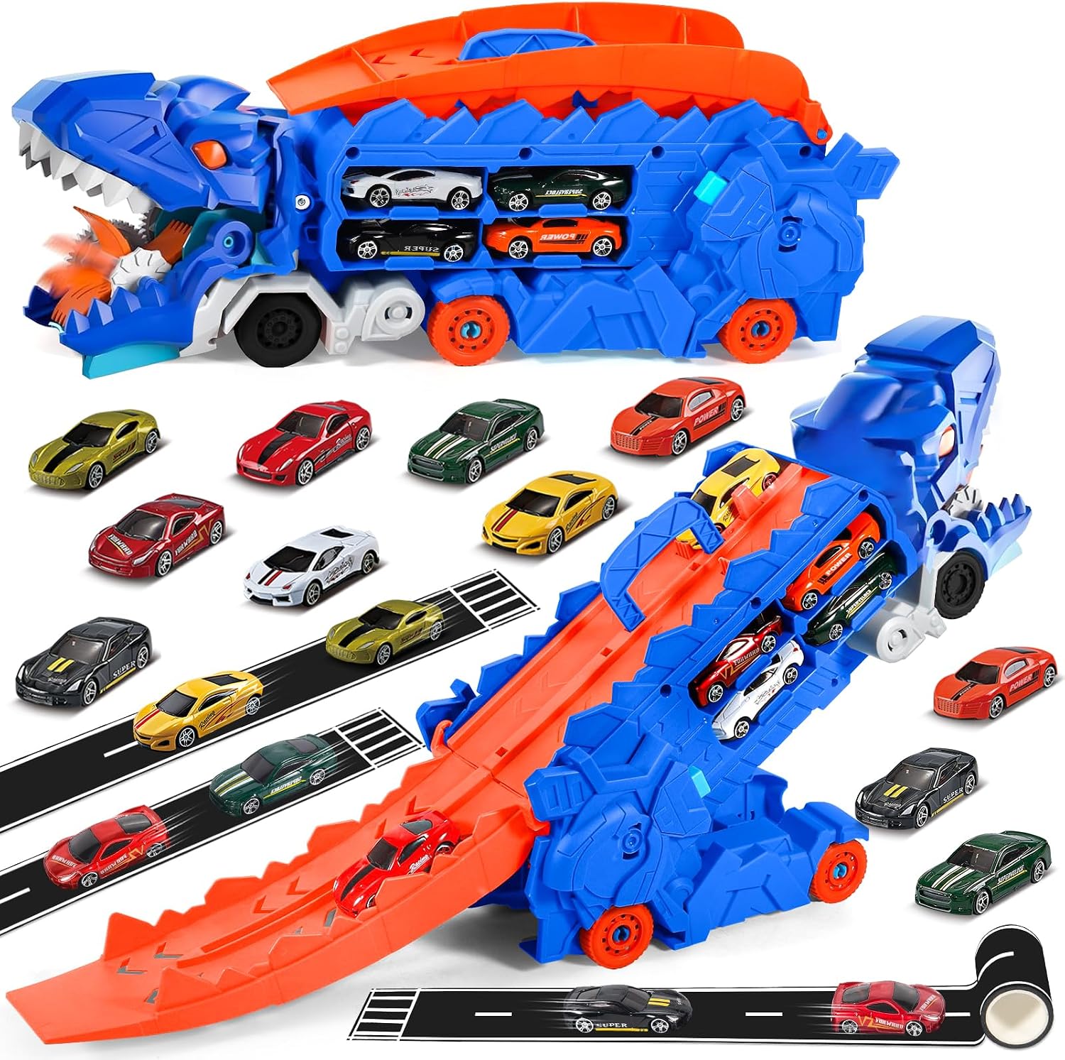 Juguetes para Camiones de Dinosaurios, Portátil Pista De Carreras Camión Juguete Coche con 8 Coches De Carreras, Camiones transportador de Juguete de 3, 4, 5, 6,7,8 años niño