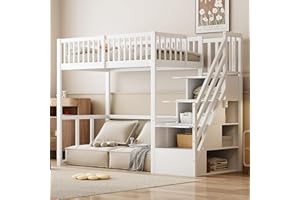 Moimhear Hochbett 90x200cm mit Sicherheits-Aufbewahrungsleiter, Bettgestell aus massivem Kiefernholz für Kinder und Jugendliche (weiß)