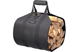 AMAGABELI GARDEN & HOME Amagabeli Sac à Bois, Sac de Transport pour Buches de Cheminée en Toile Cirée Résistante, avec Poignées et Sangle Réglable, Pour Intérieur, Extérieur, Camping, Noir