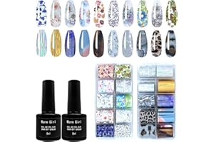 Warm Girl 20 Diseños de Nail Art Foil Sticker con 2 x 8ML Gel de Transferencia, Pegatina Calcomanías Uñas Transferencia Foils