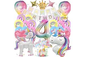 HAPPLIOPLAY Set Einhor Deko Kindergeburtstag 4, Einhor Party Deko 4D Luftballons, Einhor Geburtstagsdeko 4 Jahre Mädchen, Bunt Banner und Tortendeko, Einhor Geschenke für Mädchen (Einhor Geburtstag 4 Jahre)