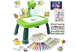 HOAROSALL Tavolo da Disegno Proiezione di Dinosauri per Bambini con 72 Modelli Inclusi Pastelli,Acquerelli,Matite,Adesivi Dinosauri,Libro Disegno,Libro Adesivi,Timbri Proiettore Disegno Bambini 32 * 24 * 37 cm