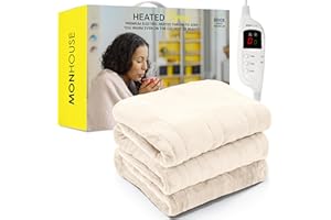 MONHOUSE Heated Throw - Electric Blanket - Digital Controller - Timer up to 9 hours, 9 Heat Settings, Auto Shutoff - Machine Washable - Single 130X160cm - BEIGE