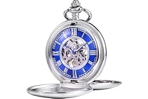 TREEWETO Montre de poche – Série à double boîtier lisse, cadran bleu, mouvement mécanique avec chaîne, argenté/doré