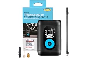 RING TYREINFLATE GO 10 Compact Cordless Tyre Inflator Air Compressor with Three Piece Adaptor Kit - Measures in PSI, BAR and kPA