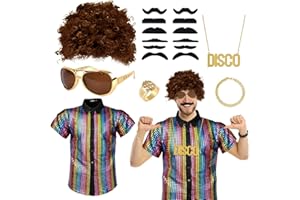 AOREETY 7 Pcs Disco Costume Set for Men, 70s Disco Outfit Costume with V-Neck Drawstring Short Sleeve Shirt, Afro Hippy Wig, Necklace, Bracelet, Ring, Fake Mustache, Sunglasses for Disco Party Halloween