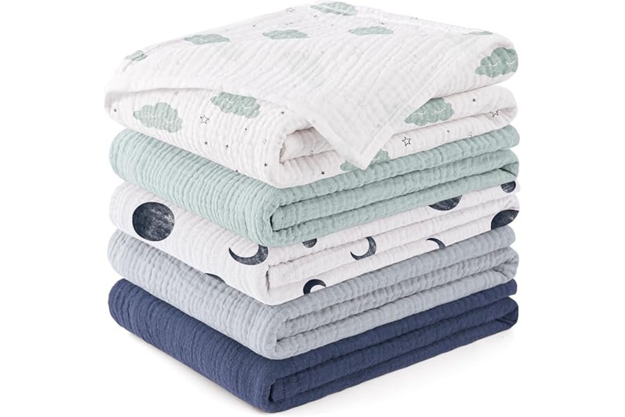 Susurration Muslin Cloths for Baby, 100% Cotton Baby Muslin Squares Cloths for Newborn Boy and Girl, Soft, Breathable and Extremely Absorbent Baby Muslin Burp Cloths, 60 x 60 cm, 5 Pack