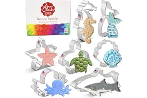 Ann Clark Cookie Cutters Juego de cortadores de galletas bajo el mar con libro de recetas - 7 piezas - Concha marina, pulpo, caballito de mar, tiburón, estrella de mar, tortuga y cola de sirena