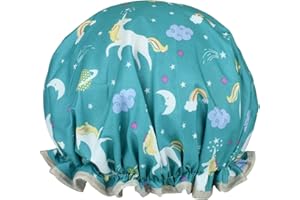 MELTU 1 Pack Shower Cap for Women, Oil-proof Caps, Double Layers Waterproof Reusable Bath Caps With Ruffled Edge Covering for Girls, Women, Ladies, Kids (LightBlue Unicorn)