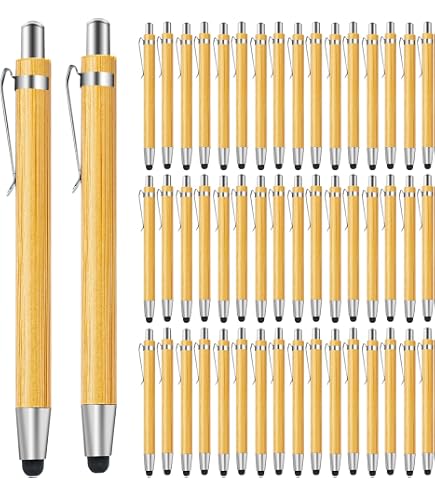 Set di 50 penne a sfera con touchpen, in bambù, in legno, per dispositivi touch screen universali, per scuola, ufficio, casa