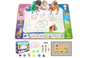 FENXYO Reusable Water Doodle Mat, 3in1 Painting Drawing Writing No Mess Colouring & Drawing Game with Letter/Number/Animal/Fruit Patterns Double-Side Magic Mats for Kids (100x70cm)