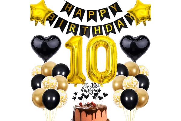 Décoration 10e Anniversaire Garçon Fille - Kit Noir et Doré pour Gâteau et Fête