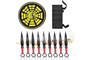 ‎SWORDS AND MORE 9 Piece Stainless Steel Outdoor Knife Set with Target - Compact Camping Knife with Belt Sheath and Non-Slip Handle - Ideal for Outdoor, Camping & Cosplay - Black