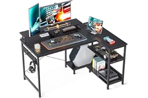 ODK Biurko narożne, czarne, w kształcie litery L, z regałem, dwustronny, stół gamingowy w kształcie litery L z długim stojakiem na monitor, stolik pod komputer, stół biurowy do domowego biura, 120 x