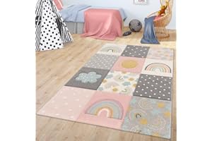 TT Home Children's Room Rug Children's Rug With Rainbow Clouds Pattern Grey Pink Cream, Size:80x150 cm
