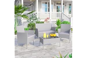 rattantree Rattan Garden Furniture Sets, 4 Piece PE Garden Sofa Sets with Thick Cushion, Outdoor Patio Weaving Wicker Rattan Sofa Sets with 2 Armchairs,2 Seats Sofa and 1 Tempered Glass Table(Gray)
