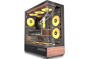 PCZZOI PC CASE ATX 5 PWM ARGB Fans Pre-Installed, Mid Tower Computer Case with Full-View Tempered Glass, Type-C,Printed Walnut Wood Panels,Support 360mm Radiator,Black Gaming Case (P6)