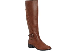 shelikes Womens Ladies Zip Up Buckle Knee Length High Flat Block Low Heel Boots Shoes