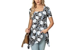 POPYOUNG 2024 Womens Summer Casual Tunic Tops Short Sleeve Ladies Work Longline Tunic Blouse Shirts Square Neck Dress Floaty Office long tops to wear with leggings