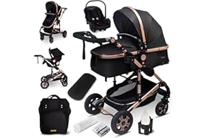 GAGA DUMI GaGaDumi Florida 3 in 1 Passeggino Trio, Carrozzina, Seggiolino Auto, e Passeggino Pieghevole, Navicella con Accessori Inclusi, 0-36 mesi, nero/oro