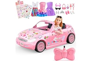 HappyGoLucky Coche Teledirigido para Niñas de 3 4 5 6 7 8 Años - Juguete RC con Muñecas & 3 Trajes, 12 Accesorios + Pegatinas de Unicornio y Corazón para DIY - Regalo Navidad para Niñas 3-12 Años