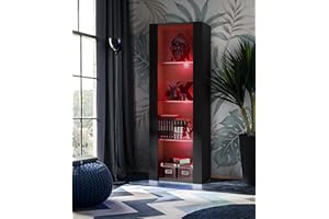 Komodee, Vitrina Tivoli, Negro, Ancho 55 cm x Alto 159 cm x Profundidad 35 cm, LED RGB, 3 estantes, para salón, Dormitorio, Pasillo