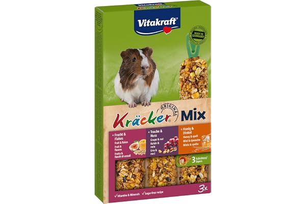 Vitakraft Kräcker Trio Mix - Friandise pour Cochons d'Inde au Miel, Noix et Fruits - Baguettes enrichies en vitamines et minéraux - Recette sans sucres ajoutés (1 x 168g)