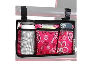 HSGEZUOQI Wheelchair Side Bag, Upgrade Flower Color Armrest Storage Pouch with Cup Holder and Reflective Strip Use of Waterproof Fabric, for Most Wheelchairs, Walkers or Rollators (Red Floral)