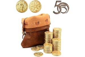 BYHOO 50 sztuk złotych monet i torba ze skóry PU, metalowe monety DND, moneta fantasy do gier planszowych, fałszywe monety do lochów i smoków, gry RPG Średniowieczne akcesoria retro