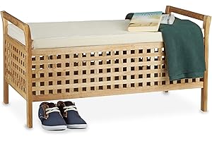 ‎RELAXDAYS Relaxdays Ławka do siedzenia orzech włoski z miejscem do przechowywania (wys. x szer. x gł.): 46,5 x 92,6 x 49,0 cm skrzynia na buty z drewna komoda do siedzenia z poduszką z lnu, meble z desek