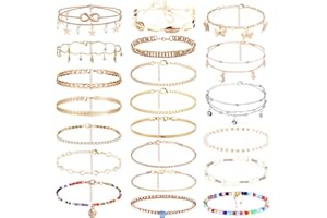 Dochais 7-24 Stück Glänzende Silber Fußkettchen mit Strass Wasserdicht Boho Verstellbare Sommer Fußkettchen Damen Fußkette Vintage Perlen Fussketten, 21cm