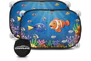 CARAMAZ Parasole per Auto con Protezione UV 48 x 30 cm con Ventosa - Protezione dal Sole e dal Calore, per Bambini con Ventose e Borsa per Il Trasporto - Design Neo, 2 Pezzi
